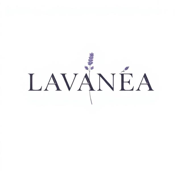 Elegant minimal botanical wordmark logo for the brand 'LAVANÉA'. Serif typography, subtle lavender sprig motif, soft earth tones (#5A5147 and #6F6478) on transparent background. Flat vector style, clean, refined, high legibility.