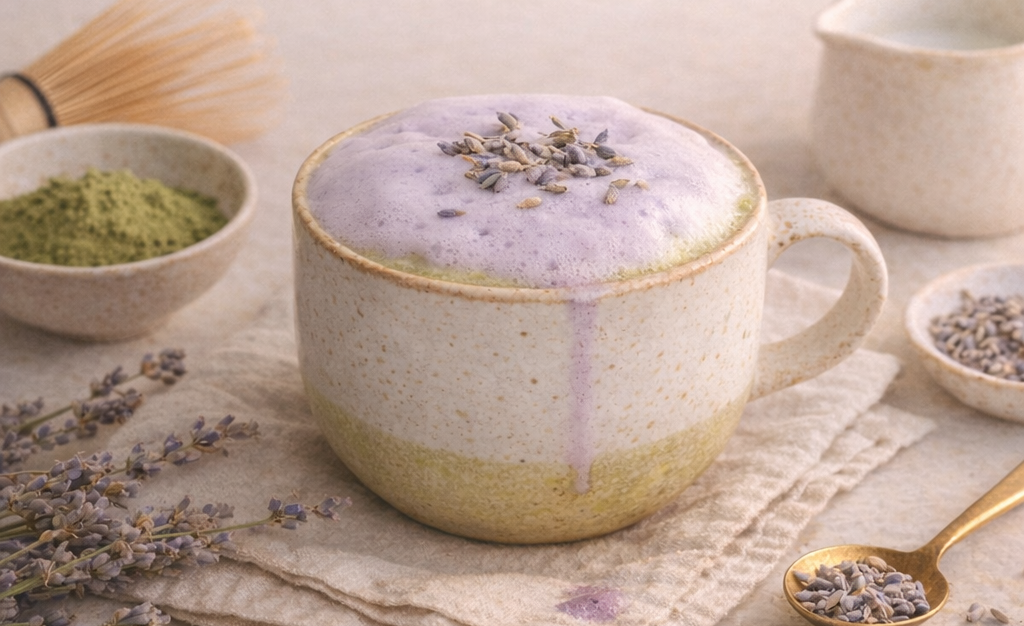Lavender ritual cappuccino, minimal still life on linen, soft morning light