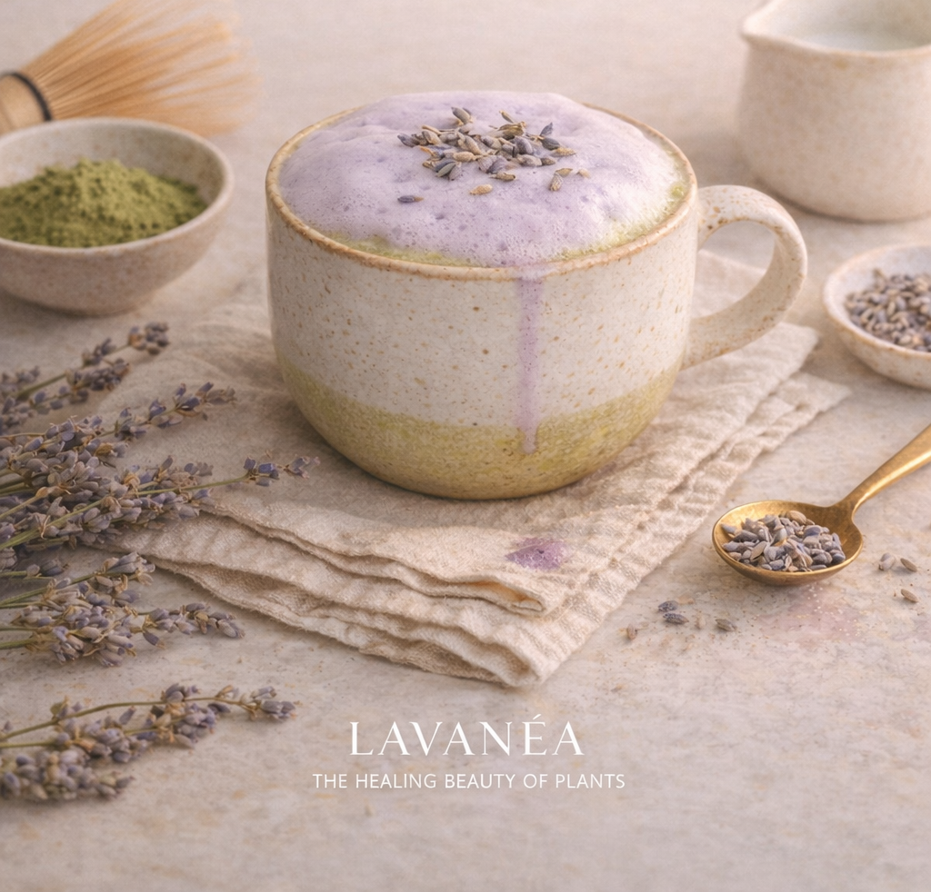 Lavender ritual cappuccino with subtle violet foam and matcha, minimal still life on linen, soft morning light