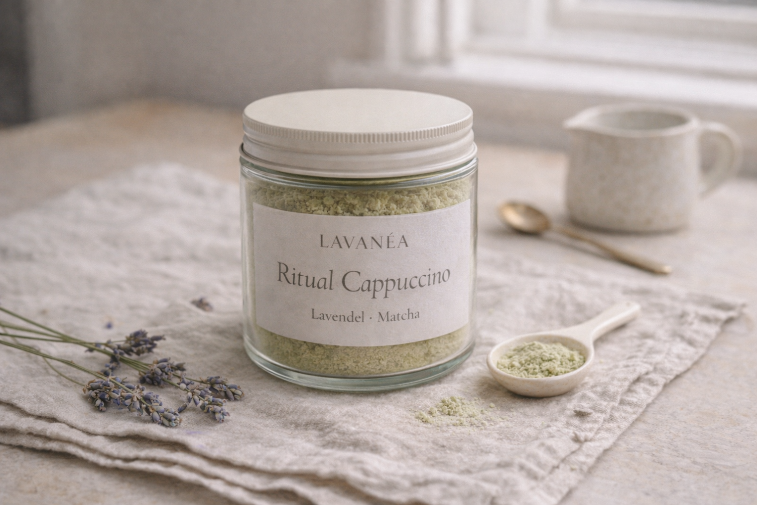 Clear glass jar with lavender-tinted cappuccino powder on linen, minimal product preview in soft natural light