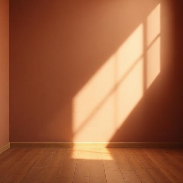 Calm room light: warm beam of sunlight on clay-colored wall and wooden floor, no decor, minimal